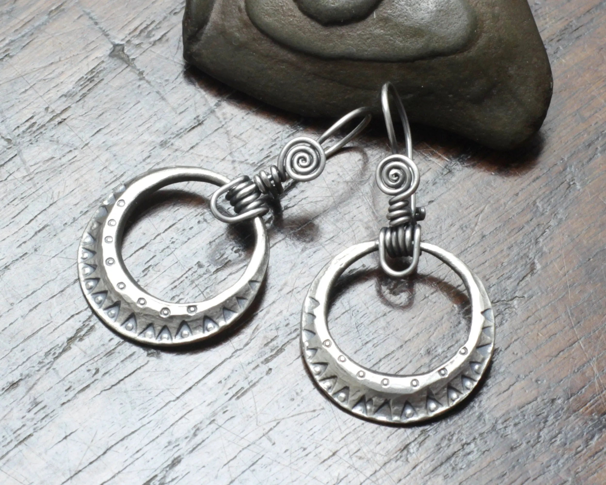 Forged Silver Moon Earrings, made and designed by Marleena Barran, Taitaya Forge, UK