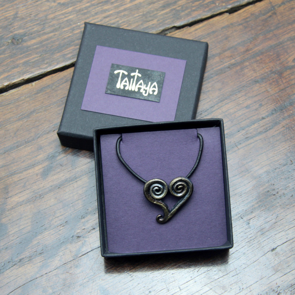 Forged iron heart pendant, 6th iron anniversary gift Taitaya Forge, presented in a black recyclable card gift box with gold Taitaya branding